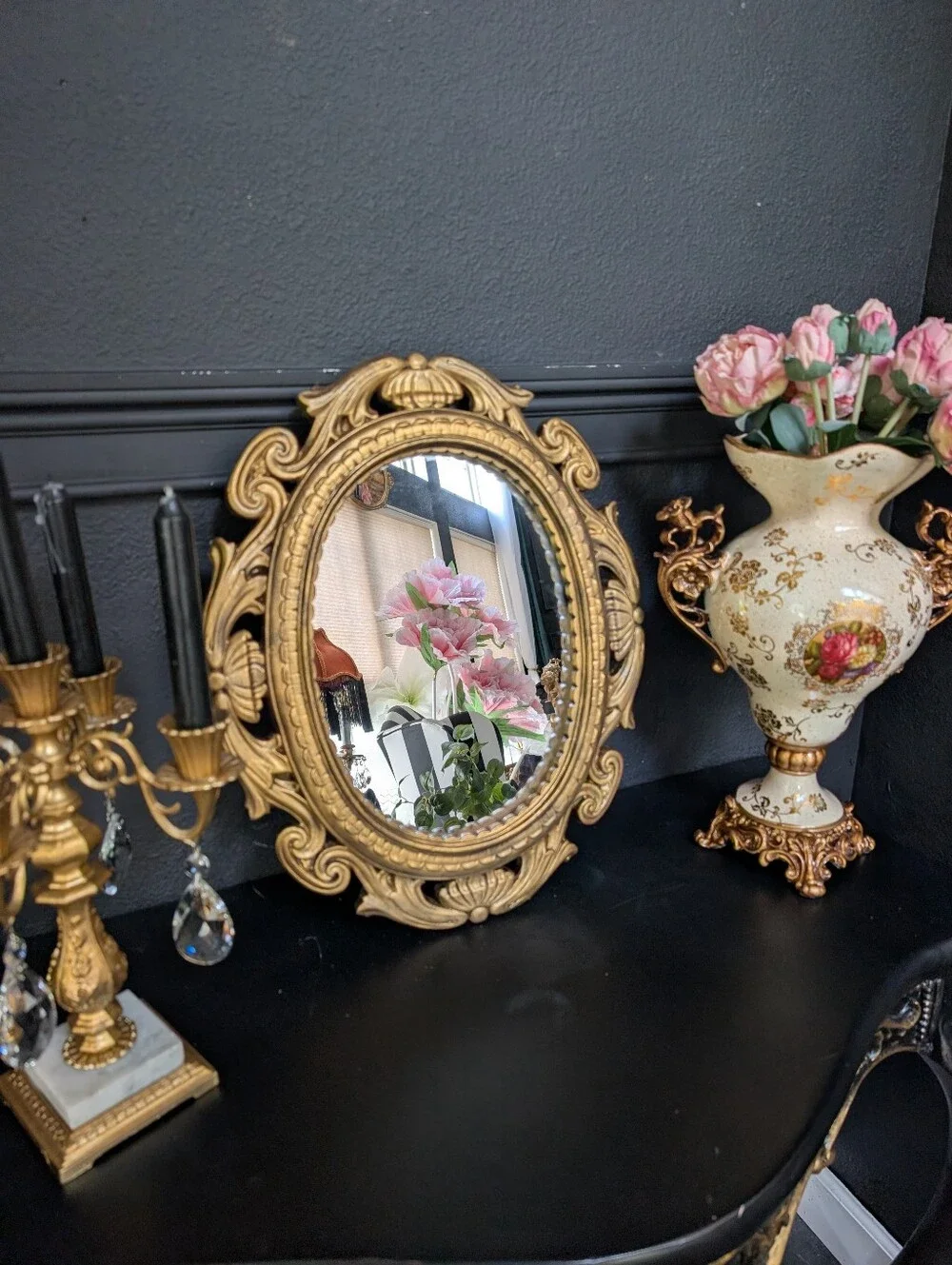 Vintage Ornate Gold Chalkware Oval Mirror, Hollywood Regency Baroque Style 19